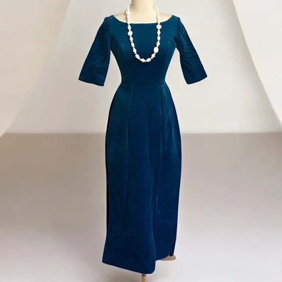 Vintage 1950-60s Teal Blue Velvet Maxi Cocktail Dress Neusteters Denver CO sz XS - Picture 2 of 16